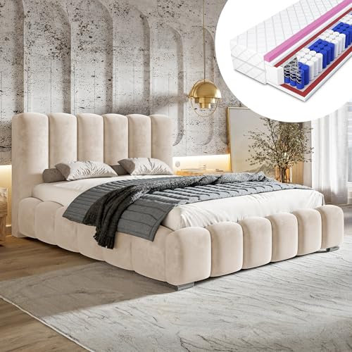 MOTIVENA Grand Bubble Bett 140x200, Polsterbett 140x200 Samt, mit Bettkasten, mit Stauraum, mit Lattenrost, mit Kopfteil, Matratze H2/H3, Beige Creme