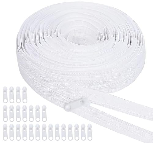 MIPIACE Endlosreißverschluss mit Zipper 4.2mm 20m Lang #3 Reissverschluss Meterware Reißverschlüsse für Bettwäsche Weiß 2.8cm Breit mit 20 Kunststoffschieber für Bettwäsche Kleidung Kissenbeutel