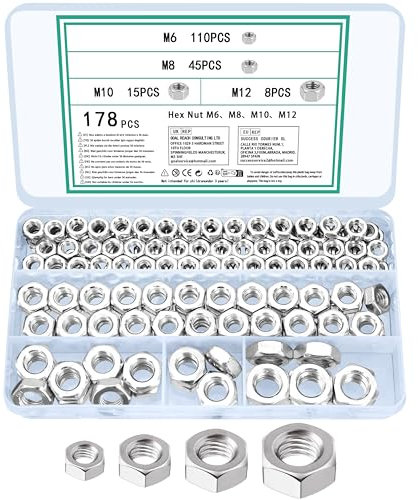TOOINKCV 178 Piezas M6 M8 M10 M12 Tuercas Hexagonales en Acero al Carbono, Tuerca Roscada, Tuercas de Seguridad, Métricas Tuercas Autoblocantes, Tuercas de Bloqueo Surtidas para Pernos y Tornillos