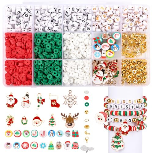 BETESSIN Weihnachten Perlen Set - 1580 Stück Perlen für Armbänder - Polymer Clay Perlen zum Auffädeln - Perlenset für Armbänder Basteln Weihnachten Kinder, DIY Schmuckherstellung und Geschenkidee