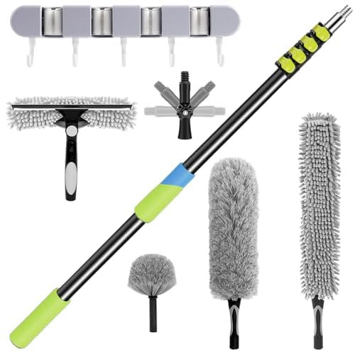 24FT High Reach Duster Kit with 5-18FT Extension Pole,Contains Microfiber Feather Duster,Cobweb Duster,Ceiling Fan Duster,Window Squeegee & Cleaner,Wall-Mounted Rack,Fruit Picker,Universal Joint