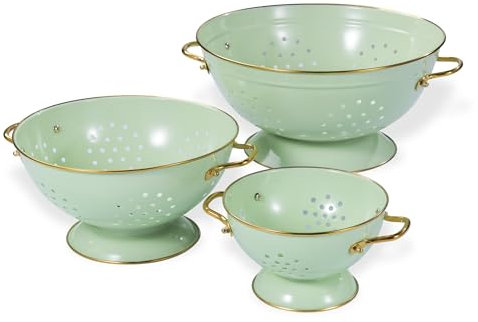 beifeier Metal Colander Set - 1 & 3.5 & 5 Quart, Colander with Gold Handle and Base, Dishwasher Safe, Kitchen Essential Strainer for Pasta Fruits Vegetables (Green)