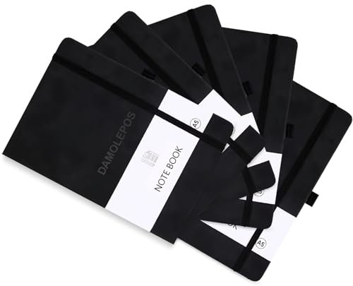 DAMOLEPOS Hochwertiges Notizbuch A5 liniert aus PU Leder, Softcover, 192 Linierte Seiten, Integriertes Lesezeichen, Stifthalter, 20.5 x 14 cm, Din A5 Format (Schwarz)