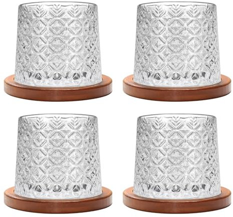 Uten Calice da Acqua Rotante, 275 ML/10 OZ Bicchiere Whisky Cristallo, Sottobicchiere in Bambù, Sensazione Spessa, Coppa da Rum Vetro Latte, Relax e Decompressione, 4 Bicchiere