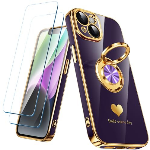 Nonional Compatible for iPhone 14 Case with 2 Pack Screen Protector, 360° Rotatable Ring Holder [Luxury Hearts Pattern] Plating Gold Edge Slim Soft Phone Cover Case for iPhone 14 - Purple