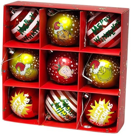 Christmas Bauble Set - 9-Piece Grinch-Themed Tree Ornaments - Fun and Festive Holiday Decorations with Merry Whatever and Merry Grinchmas Designs