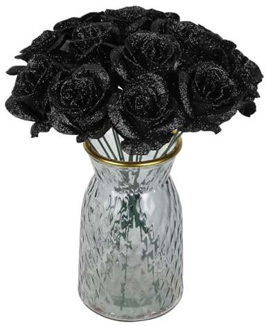 Rzoukler Black Glitter Roses,30PCS Fake Roses Flowers Artificial Roses with Stems for DIY Crafts Wedding Bouquet Party Home Decor(Black)