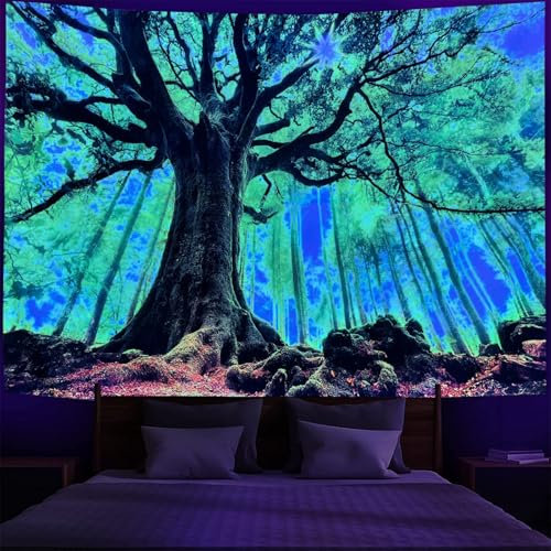 Hixingo Schwarzlicht Wandteppich UV-Reaktive Wandtuch Leuchtend Wald Baum Psychedelic Wandteppich Aesthetic Tapestry Wandbehang Zuhause Wandkunst für Wohnzimmer Schlafzimmer (180x230cm,Starry Sky)