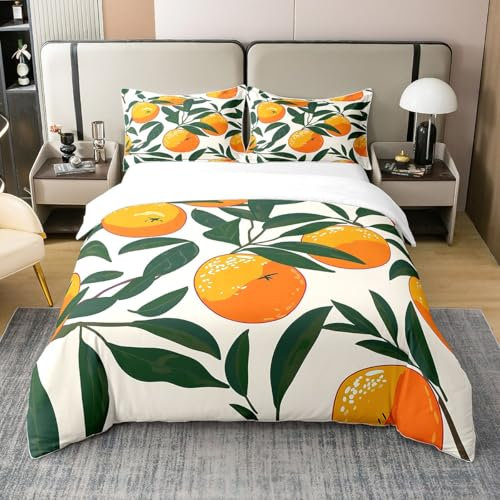 Orangen 100% Baumwolle Bettwäsche Set für Teens Erwachsene,Yummy Tangerine Bettbezug 155x220 für Kinder,Sommer Obst Bett Set,Ölgemälde Orangenbaum Blätter Bettbezug für Schlafzimmer