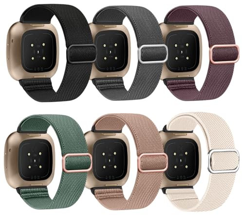 MOVKZACV 6 Stück Weiches Elastisch Ersatz Nylon Sport Band Kompatibel mit Fitbit Versa 3 Armband/Fitbit Versa 4 Armband/Fitbit Sense 2, Multi Farben