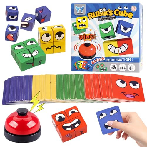 TECHEEL Ausdruck Spielzeug Würfelpuzzle Holzwürfel Puzzle Bauwürfel Bunte Zauberwürfel Baustein Interaktives Knobelspiel pädagogisches Spiel für Kinder ab 3 Jahren