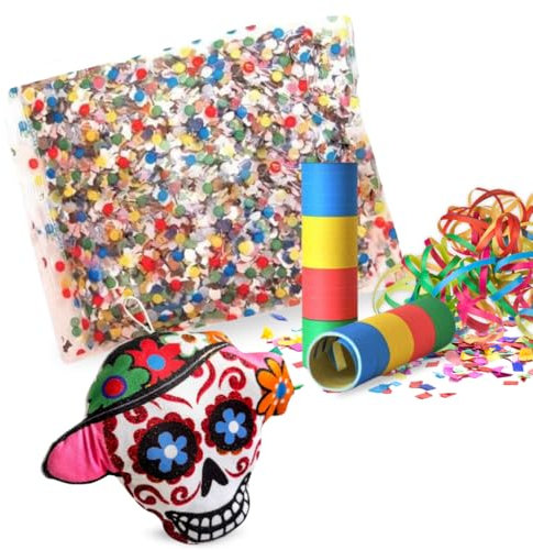 Carnevale 2025 - Busta 200gr Coriandoli di Carnevale + 2 Tubi x 20 Rotolini di Stelle Filanti di Carta + Cuscino Teschio Appendibile