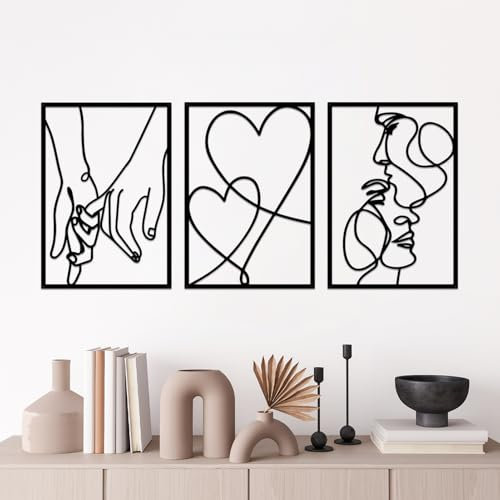 ESTART Minimalistische Wanddekoration aus Metall, 3 Stück, Valentinstag, Liebhaber, Kuss, Hand, ästhetisch, modern, zum Aufhängen, Wanddekoration für Schlafzimmer, Badezimmer