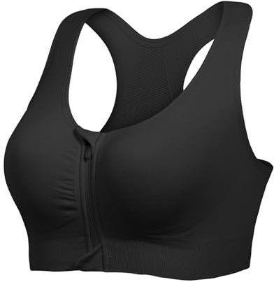Lemef Front Zipper Sports Bras High Impack Post Op Compression Bras for Women Post Surgery Wireless Racerback Yoga Bra Black M