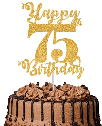 1Pc Happy 75th Birthday Cake Topper Glitter Cheers to 75 Years Cake Topper 75 Fabulous Cake Decoration for Happy 75th Birthday Anniversary Party Cake Decorations Supplies Gold