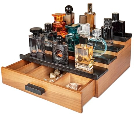 Cokritsm 4-stufiger Holz Köln Organizer mit Schublade | Köln & Kosmetik Organizer für Schmuck, Accessoires – Badzimmer Aufbewahrung Schlafzimmer Dekoregale Naturholzton