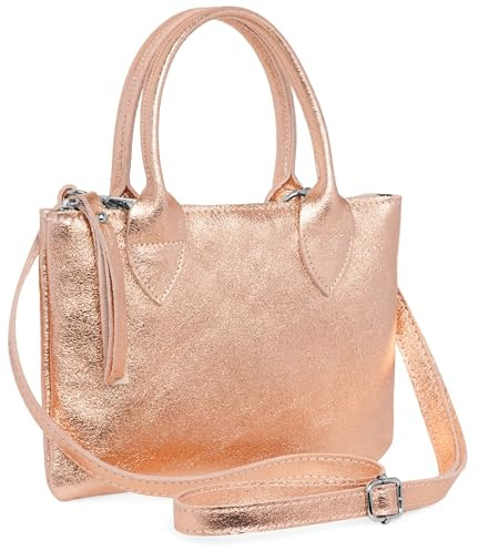 Caspar Kleine Leder Handtasche 2-in1 Damen Umhängetasche mit verstellbarem Schultergurt - CLASSIC LINE - Modell No.837 - Made in Italy, Farbe:roségold metallic