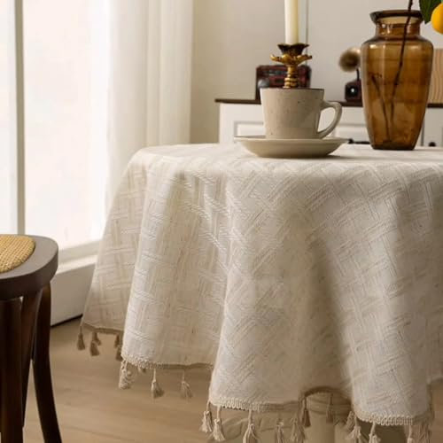 Quaste Plaid Tischdecke Beige Tischdecke Rund Abwaschbar Leinen Baumwolle Tischtuch Staubdicht Tischwäsche für Küche Picknick Esszimmer Esstisch Couchtisch Gartentisch Tischdekoration (140 * 300cm)