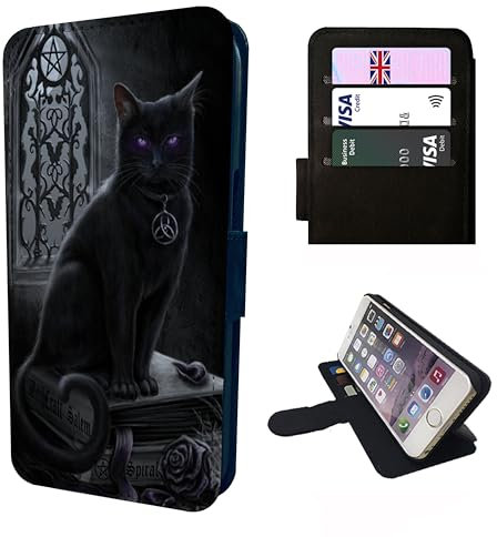 Gothic Cat Church Wallet Phone Case Flip Cover Compatible with iPhone SE X XR 11 12 13 14 15 16 16E 17 Air Plus Mini Pro Max – Cute Cat Design, Faux Leather Animal Case with Card Slots Salem Witch