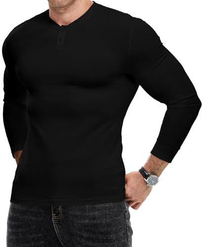 Meilicloth Mens T Shirt Long Sleeve Henley Casual Shirts V Neck Tee Button up Tops Basic Pullover Black