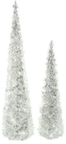 Frank Flechtwaren LED-Kegel Silberglimmer, 2er Set, Kunststoff, Metallrahmen, 30 BZW. 40 warmweiße LEDs, batteriebetrieben, Maße: Höhe 60 cm, 80 cm, ohne Batterien, nur für den Innenbereich geeignet