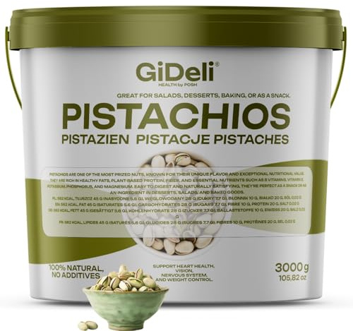 GiDeli Pistazien 3 kg im Eimer - Geröstet und Gesalzen - Nüsse mit Schale als Gesunde Snacks für Partys - Ideale zum Backen, Gerichte, Creme und Desserts