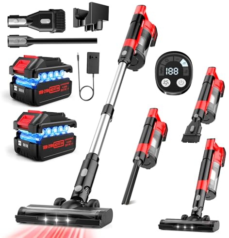 Cordless Vacuum Cleaner,700W 60KPa/70 Mins Stick Vacuum with 2*4000mAh Detachable Batteries, 6-IN-1 Handheld Vacuum Cleaner with Anti-Tangle Brush,LED Display,Upright Vacuums for Pet Hair/Carpet/Floor