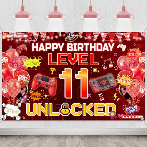 Dekoration zum 11. Geburtstag, Gaming-Banner, rotes Videospiel, Happy Birthday, Party-Dekoration, Spiel-Level-Up-Stoffhintergrund für Gamer, 1,8 x 1,1 m