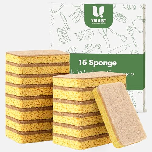 Yolaist Eco Washing up Sponges 16 Pack - Bulk Value Dish Sponges Scourers | Natural Wood Pulp & Coconut Fibre - Safe for Non-Stick Cookware - Lasts Months per Pack - Biodegradable & Compostable