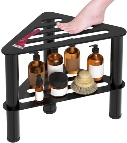Shower Foot Rest, 2-Tier Upgraded Rust-Proof Shower Stool for Shaving Legs | Upgraded Waterproof Shower Stool, Corner Bench Seat with Storage, for Inside Shower/ Small Spaces, Anti Slip & Stable, Black