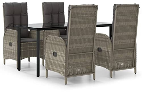 Foknhdi 5-TLG. Gartenmöbel Set Schwarz-Grau mit Liegefunktion 160 cm Rattan-Esstischgruppe aus Poly Rattan pulverbeschichtetem Stahl und Glas für Terrasse Garten