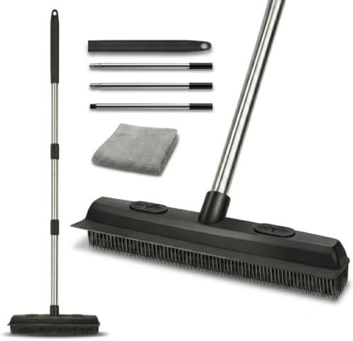 Rubber Broom for Pet Hair Carpet, 121cm Adjustable Metal Handle, 34cm Wide Rubber Brush with Built-in Squeegee, Includes 1 Microfiber Cloth, Sweeping Brush for Carpet, Kitchen Floor Cleaning