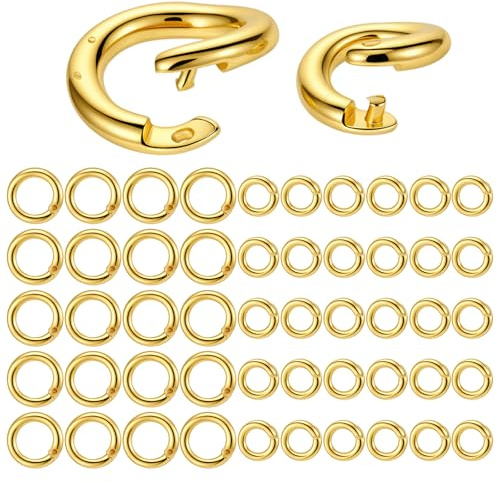 RAHHLIZS 50 PCS Jump Rings for Jewelry Making Gold Plated Locking Jump Ring 7.5mm & 5.5mm Circle Clasp Ring Jewelry Connectors for Necklace Bracelet Keychain Earrings DIY Crafts Making