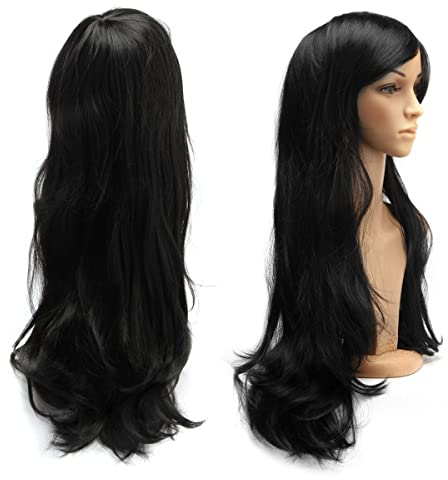 Dazone 70cm Karneval Perücke Schwarz. Lang Voll Cosplay Perücken, Lockig Wellig Fashion Kostüme Damen Haarteil Cosplay Wig für Alltag, Party Perücke Lang, Halloween