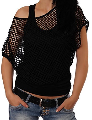 Crazy Age Frauen Partytop Sommertop Fasching Fest Netzoberteil aktueller Trend in Neonfarben (Schwarz(L/XL))