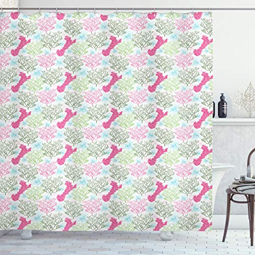 ABAKUHAUS Koralle Duschvorhang, Bunte Unterwasser Seaweeds, Stoffliches Gewebe Badezimmerdekorationsset mit Haken, 175 x 200 cm, Mehrfarbig Rosa