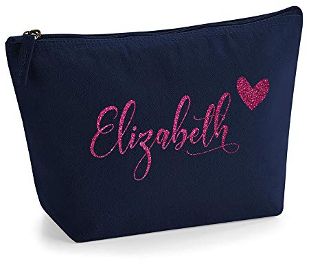 Personalisiert Name Initialen & Herz Kosmetiktasche Damen Schminktasche für Handtasche Makeup Tasche - Glitter oder Flocke Material Druck - Rosa Glitzer - L | Marine Blau