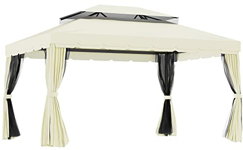 Outsunny Gazebo da Giardino 4x3 m con Zanzariera e Tende Parasole, Gazebo da Esterno a Doppio Tetto con Copertura in Poliestere Anti UV e Telaio in Lega di Alluminio, Crema