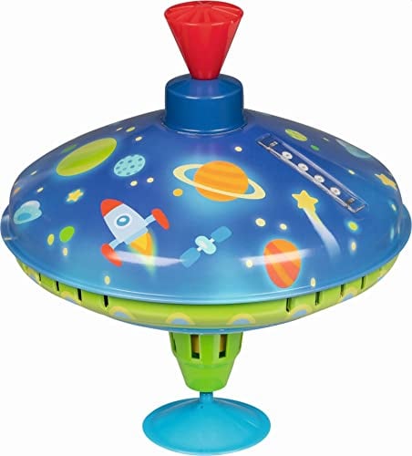 goki 53800 Brummkreisel LED „Weltall“ aus Metall & Kunststoff, Ø 18,5 cm, Höhe 21 cm – Nostalgischer Kreisel mit faszinierenden Lichteffekten ab 1 Jahr