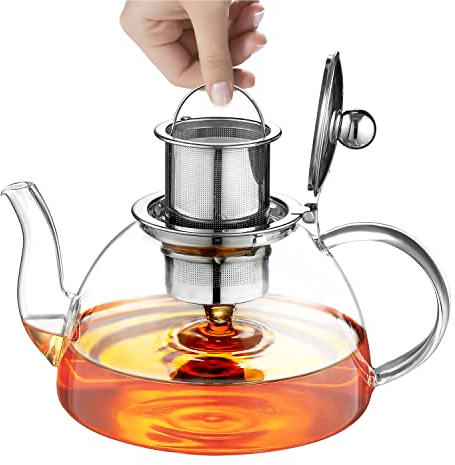 Ehugos Glass Teapot, 1300ml Tea Pot with Infuser Stovetop Safe Borosilicate Glass teapot for Loose Leaf Tea, Hot/Iced Water, Juice Beverage