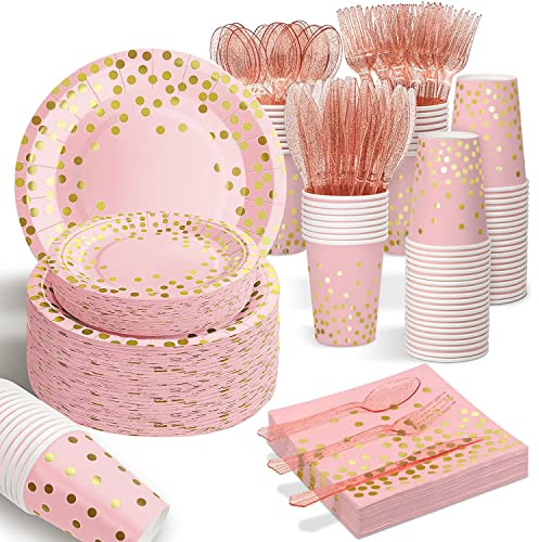 AIRE Pink Gold Paper Plates, 175PCS Disposable Dinnerware Set for 25 Guests