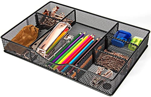 VyGrow Schreibtisch-Schubladen-Organizer-Tablett, Metallnetz-Schubladen-Organizer, Büro, 6 verstellbare Fächer, Schreibtisch-Organizer für Zuhause, Büro, 32,7 x 22,5 x 5 cm, Schwarz, 1 Stück