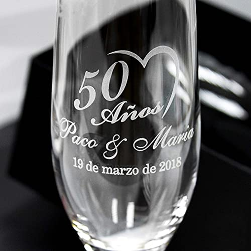 Copas de cava de cristal personalizadas mediante grabado a láser con estuche a juego - Regalo personalizado para novios, parejas, bodas, eventos (Bodas Plata/Oro)