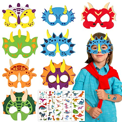 BHGT 8 Stück Dinosaurier Masken Filz Tiermasken für Kinder mit 10 Blätter Dino Tattoo Dinosmasken Party Mitgebsel für Karneval Fasching Kindergeburtstag Mottoparty Halloween