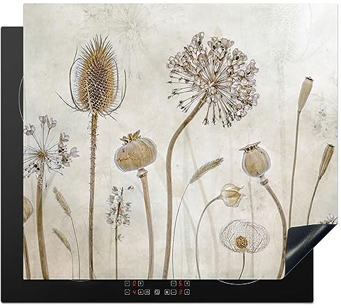 MuchoWow Herdabdeckplatte Ceranfeld Spritzschutz Küche Blumen - Aquarell - Stilleben - Braun - Vintage 60x52 cm Induktionsherd Abdeckung Induktionskochfeld Ceranfeldabdeckung