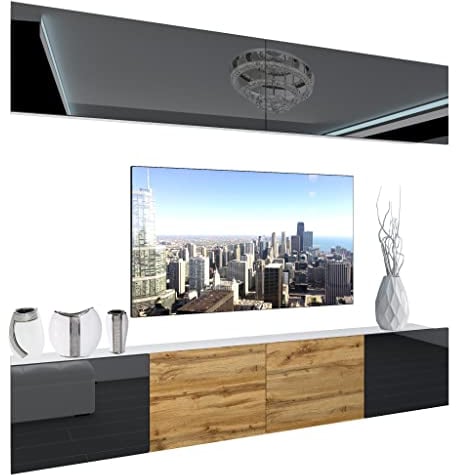 BELINI Wohnwand Vollausstattung Wohnzimmer-Set Moderne Schrankwand mit LED-Beleuchtung Anbauwand TV-Schrank Schwarz/Eiche Wotan untene Seiten Schwarz