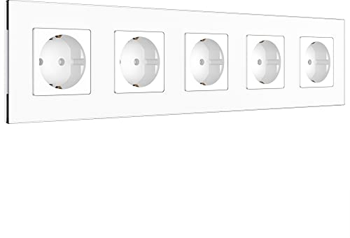 PULSAR Steckdose Weiß 5 Fach Glas Unterputzsteckdose EU-Standard 250V / 16 Amp Wandsteckdose mit Kindersicherung 86 x 370mm