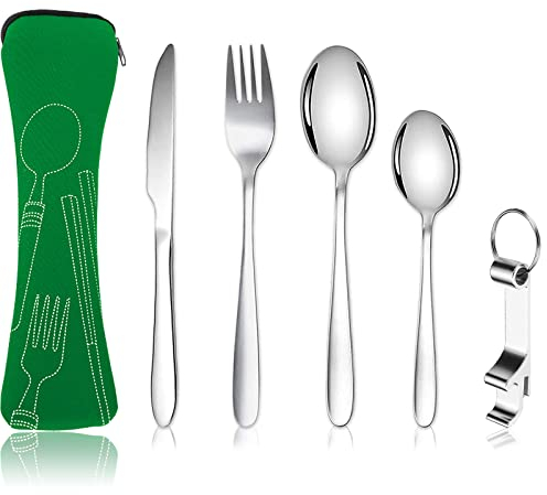 XOPOZON® Lot de 5 Couverts de Camping, Ensemble de Couverts Transportables, Couverts en Acier Inoxydable avec Sac en Néoprène Idéal pour les Voyages le Bureau et le Camping (Vert)