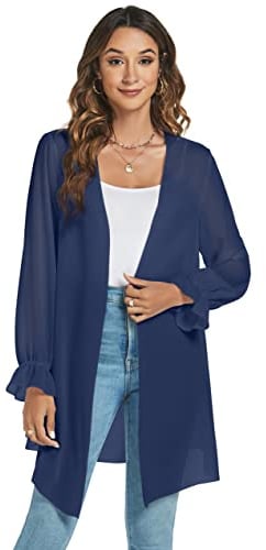 Famrrifuu Cardigan Donna Lungo Kimono Leggero Elegante Boho Copricostume Mare Maniche Lunghe Casual Cardigan,Blu,M