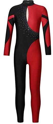 CHICTRY Ganzkörper Turnanzug Mädchen Langarm Kinder Strass Glitzer Ballettanzug Stehkragen Tanzbody Farbblock Patchwork Tanzoverall Jumpsuit Eislaufkostüm Burgundy 134-140